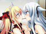  2girls bare_shoulders blonde_hair bloody_rondo blue_eyes blush game_cg linette_vance long_hair luna_freed_queen makita_maki multiple_girls pocky pocky_kiss profile red_eyes shared_food silver_hair tiara twintails wrist_grab 