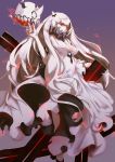  1girl breasts cleavage covered_mouth deathsaur dress fingernails highres kantai_collection long_fingernails long_hair long_sleeves midway_hime red_eyes shinkaisei-kan solo very_long_hair white_dress white_hair white_skin 