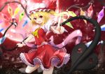  1girl ascot blonde_hair bow fang flandre_scarlet hat hat_bow laevatein moon pointy_ears red_eyes red_moon sash side_ponytail solo touhou wings ymd_(holudoun) 