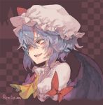 &gt;:d 1girl :d ascot bat_wings character_name checkered checkered_background close-up hat mob_cap morino_hon open_mouth purple_hair red_eyes remilia_scarlet short_hair smile solo tagme touhou wings 