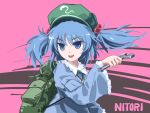  1girl :d backpack bag blue_eyes blue_hair frilled_sleeves frills hat kawashiro_nitori kongari_(kngr) open_mouth short_hair smile touhou twintails wide_sleeves wrench 