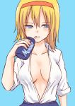  1girl alice_margatroid blonde_hair blue_eyes breasts bust dress_shirt drink drinking hairband miyo_(ranthath) no_bra open_clothes open_shirt shirt short_hair skirt solo straw touhou 