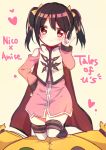  1girl \m/ anise_tatlin anise_tatlin_(cosplay) black_hair blush character_name cosplay dress hair_ribbon heart long_hair love_live!_school_idol_project red_eyes ribbon simple_background smile solo tales_of_(series) tales_of_the_abyss thighhighs tokunaga twintails yazawa_nico ytuorvi 