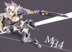  1girl :3 armor between_breasts bikini_armor black_legwear blush breasts cleavage collarbone fang fighting_stance fur_trim gauntlets highres holding holding_sword holding_weapon kurokage long_hair looking_at_viewer monster_hunter monster_hunter_4 navel open_mouth pauldrons purple_background red_eyes solo sword text thigh-highs title weapon white_hair zinogre_(armor) 