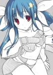  1girl blue_hair breasts choker dizzy grey_background guilty_gear himeke_ha long_hair red_eyes simple_background sketch solo twintails under_boob 