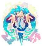  1girl 7:24 :d black_legwear blue_hair blush boots closed_eyes detached_sleeves happy_birthday hatsune_miku headset long_hair necktie open_mouth skirt sleeveless smile solo thigh-highs thigh_boots twintails very_long_hair vocaloid 