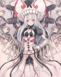  &gt;:) 1girl hand_on_hip headgear highres long_hair looking_at_viewer nanashina original red_eyes revision smile solo traditional_media white_hair 