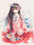 1girl absurdres black_hair dated flower flower_wreath frilled_shirt frilled_skirt frills head_wreath highres houraisan_kaguya long_hair long_skirt petals red_eyes shirt skirt skirt_basket skirt_hold smile touhou traditional_media wide_sleeves wreath