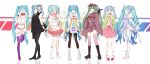  6+girls closed_eyes collar detached_sleeves gloves hatsune_miku highres long_hair midriff moegi0926 multiple_girls necktie pantyhose polka_dot polka_dot_legwear skirt socks songover thigh-highs twintails very_long_hair vocaloid 