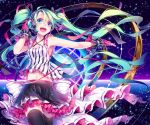 1girl gloves green_eyes green_hair hand_on_headphones hatsune_miku headphones headset kina_(446964) long_hair midriff navel open_mouth outstretched_arm piano_print skirt solo thigh-highs twintails very_long_hair vocaloid 