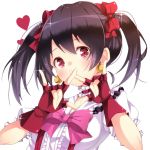 1girl \m/ black_hair close-up double_\m/ fingerless_gloves gloves hair_ornament looking_at_viewer love_live!_school_idol_project nuira red_eyes solo tagme twintails yazawa_nico 