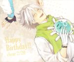  clear_(dramatical_murder) closed_eyes dramatical_murder fingerless_gloves gloves hand_in_another&#039;s_hair happy_birthday laughing lying mole saned261 scarf seragaki_aoba smile stuffed_animal stuffed_toy watch watch white_hair 