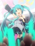  1girl absurdres ahoge aqua_eyes aqua_hair arm_up concert detached_sleeves hatsune_miku highres long_hair microphone microphone_stand necktie open_mouth outstretched_arm panties skirt solo striped striped_panties thighhighs twintails underwear very_long_hair vocaloid wink yuzuki_kei 