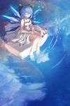  1girl alternate_costume aurora_rokudo barefoot black_bow blue_hair blue_sky bow cirno closed_eyes clouds dress feet_in_water hair_bow highres ice ice_wings reflection ripples sitting sitting_on_rock sky smile soaking_feet solo touhou water white_dress wings 