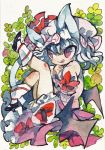  1girl :d animal_ears bat_wings blue_hair blush cat_ears cat_tail hat highres kusuna open_mouth red_eyes remilia_scarlet short_hair smile solo tail touhou traditional_media wings 