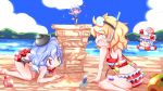  3girls :3 all_fours bat_wings beach bikini blonde_hair blue_hair blue_sky bowl closed_eyes clouds dancing diving_mask fang flandre_scarlet floating hammer headwear_switch heart highres innertube kikurage_(sugi222) komeiji_satori komeiji_satori_(dango) minigirl mob_cap multiple_girls ocean open_mouth purple_hair red_bikini red_eyes remilia_scarlet sand_castle sand_sculpture school_swimsuit shovel siblings sisters sitting sky smile striped striped_bikini striped_swimsuit sukuna_shinmyoumaru swimsuit third_eye touhou upside-down wariza wings worktool yukkuri_shiteitte_ne 