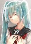  1girl 39 2014 aqua_hair artist_name closed_eyes dated hands_on_own_chest hatsune_miku hews_hack long_hair school_uniform serafuku smile solo twintails vocaloid 