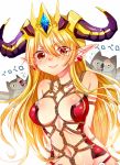  1girl animal armor arms_behind_back bare_shoulders bdsm bikini_armor bird blonde_hair blush breasts collarbone crying crying_with_eyes_open demon_girl demon_horns earrings guiyu_(cindy) heart heart_earrings horns jewelry lilith_(p&amp;d) lips long_hair midriff mound_of_venus navel orange_eyes owl pointy_ears puzzle_&amp;_dragons rope smile solo tears tiara very_long_hair 