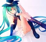  1girl 2014 boots character_name cross-laced_footwear dated gloves green_eyes green_hair hair_ornament hairclip hat hatsune_miku highres knee_boots lace-up_boots long_hair q-chiang sitting skirt solo twintails very_long_hair vocaloid 