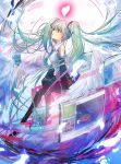  1girl detached_sleeves feathers green_eyes green_hair hatsune_miku heart hii-sama holographic_interface long_hair necktie sitting solo thigh-highs twintails very_long_hair vocaloid wings 