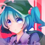  1girl backpack bag blue_eyes blue_hair blush blush_stickers bust cabbie_hat dress frilled_collar frilled_shirt_collar frills hair_bobbles hair_ornament hand_on_own_head hat highres holding holding_hat kawashiro_nitori long_sleeves looking_at_viewer ribbon shirt short_hair short_twintails solo touhou twintails 
