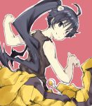  1girl ahoge araragi_karen black_eyes black_hair black_shirt gedou_(ge_ge_gedou) hair_ornament long_hair looking_at_viewer monogatari_(series) nisemonogatari pink_background ponytail sleeveless smile track_suit 