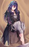  alternate_costume barefoot blue_hair breasts cleavage crate fire_emblem fire_emblem:_kakusei highres long_hair lucina my_unit_(cosplay) sitting smile solo tiara tusia 