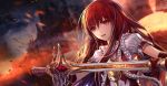  1girl blurry brown_hair close-up depth_of_field holding jname long_hair open_mouth original red_eyes solo sword tagme weapon 