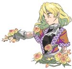  1girl arm_warmers blonde_hair flower highres looking_away mizuhashi_parsee outstretched_arm outstretched_hand parted_lips pointy_ears rose scarf shirane_koitsu short_sleeves touhou vines white_background yellow_rose 