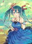  1girl aqua_eyes aqua_gloves aqua_hair bare_shoulders blue_dress blush breasts collarbone dress hair_ribbon hatsune_miku highres jewelry large_breasts long_hair necklace open_mouth ribbon solo suidengetsu twintails twitter_username vocaloid 