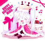  1girl :d cape chibi closed_eyes crown gift happy_birthday haru431 hatsune_miku long_hair open_mouth sitting skirt smile solo twintails very_long_hair vocaloid 