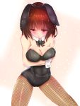  1girl animal_ears bare_shoulders blush breast_hold breasts brown_hair bunny_tail bunnysuit cleavage coco_(r5m) detached_collar fake_animal_ears fishnets pantyhose rabbit_ears red_eyes shameimaru_aya short_hair solo tail touhou wrist_cuffs 