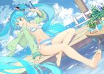  1girl ahoge aqua_eyes aqua_hair barefoot beek bikini blush butterfly clouds dutch_angle feet hatsune_miku highres jacket long_hair nail_polish navel open_mouth side-tie_bikini sitting sky solo striped striped_bikini striped_swimsuit swimsuit tattoo twintails very_long_hair vocaloid water 