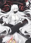  1girl black_nails collarbone covered_mouth dress fire frilled_sleeves frills horns kantai_collection kz_nagomiya long_hair long_sleeves midway_hime pale_skin shinkaisei-kan solo turret very_long_hair white_dress white_hair white_skin yellow_eyes 