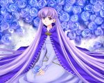  1girl 74 cape dress fire_emblem fire_emblem:_fuuin_no_tsurugi floral_background flower kneeling long_hair purple_hair sad sofiya solo very_long_hair violet_eyes 