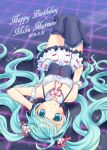  1girl 2014 blush boots character_name dated garter_straps gloves happy_birthday hatsune_miku headset looking_at_viewer lying on_back smile solo thigh-highs thigh_boots upside-down vocaloid yayoi_(egoistic_realism) 