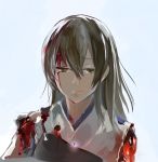  1girl blank_eyes bleeding blood blood_on_face bloody_hair blue_sky brown_hair expressionless japanese_clothes kaga_(kantai_collection) kantai_collection looking_at_viewer mosuke muneate portrait simple_background sky solo torn_clothes yellow_eyes 