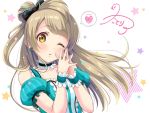  1girl artist_request bow brown_eyes brown_hair hair_bow hands_together long_hair love_live!_school_idol_project minami_kotori one_eye_closed open_mouth side_ponytail smile solo star 
