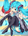  1girl aqua_eyes aqua_hair boots detached_sleeves food food_on_face fork fruit hatsune_miku long_hair looking_at_viewer mouth_hold necktie nuira skirt solo strawberry thigh-highs thigh_boots twintails very_long_hair vocaloid 