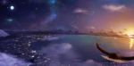  bird city_lights clouds flying highres horizon island moon mountain night night_sky no_humans ocean original pei_(sumurai) shooting_star sky star_(sky) starry_sky sun sunset water 
