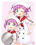  2girls ;d aqua_eyes blush_stickers chef_uniform dual_persona hand_on_hip holding kito_(sorahate) looking_at_viewer manaka_lala multiple_girls one_eye_closed open_mouth puri_para purple_hair smile tagme tray v violet_eyes 