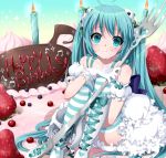  1girl :t ahoge aqua_eyes aqua_hair boots cake candle cross-laced_footwear food food_as_clothes food_themed_clothes fork fruit gloves happy_birthday hatsune_miku in_food knee_boots lace-up_boots long_hair minigirl musical_note myutsusama sitting solo strawberry striped striped_legwear thighhighs very_long_hair vocaloid 