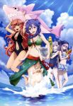  absurdres ahoge blue_hair book breasts character_request choker cleavage clouds copyright_request feet highres legs long_hair nyantype official_art open_mouth red_eyes redhead school_swimsuit silver_hair sky swimsuit very_long_hair violet_eyes water water_gun 