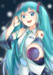  1girl aqua_eyes aqua_hair detached_sleeves hatsune_miku long_hair looking_at_viewer microphone necktie open_mouth smile solo sunege_(hp0715) twintails vocaloid 