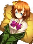  1girl blazer blue_eyes bow bowtie brown_hair hair_bow hair_ribbon kousaka_honoka looking_at_viewer love_live!_school_idol_project nuira pillow ribbon school_uniform side_ponytail solo tagme 