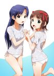  2girls amami_haruka bikini blue_hair brown_eyes brown_hair green_eyes idolmaster kisaragi_chihaya long_hair multiple_girls short_hair sunsun69 swimsuit swimsuit_under_clothes wet wet_clothes wet_shirt wet_t-shirt 