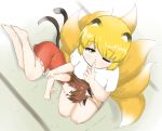  2girls animal_ears barefoot blonde_hair brown_hair cat_ears cat_tail chen closed_eyes commentary_request finger_to_mouth fox_ears fox_tail lap_pillow lying lying_on_lap multiple_girls multiple_tails nishishi no_hat on_side one_eye_closed shirt shushing sitting skirt sleeping tail tatami touhou yakumo_ran yellow_eyes 