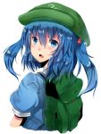  1girl backpack bag blue_eyes blue_hair blush blush_stickers bust cabbie_hat dress from_behind hair_bobbles hair_ornament hat kawashiro_nitori looking_at_viewer looking_back open_mouth puffy_short_sleeves puffy_sleeves ribbon shirt short_hair short_sleeves short_twintails simple_background solo touhou twintails white_background 