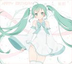  1girl ahoge artist_name dated detached_sleeves dress earrings green_eyes green_hair happy_birthday hatsune_miku jewelry long_hair marin_(myuy_3) smile solo twintails very_long_hair vocaloid 