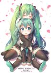  2girls alexmaster blush boots character_name closed_eyes detached_sleeves green_eyes green_hair happy_birthday hatsune_miku highres hug hug_from_behind long_hair multiple_girls necktie sitting skirt thigh-highs thigh_boots twintails very_long_hair vocaloid wariza wavy_mouth younger 